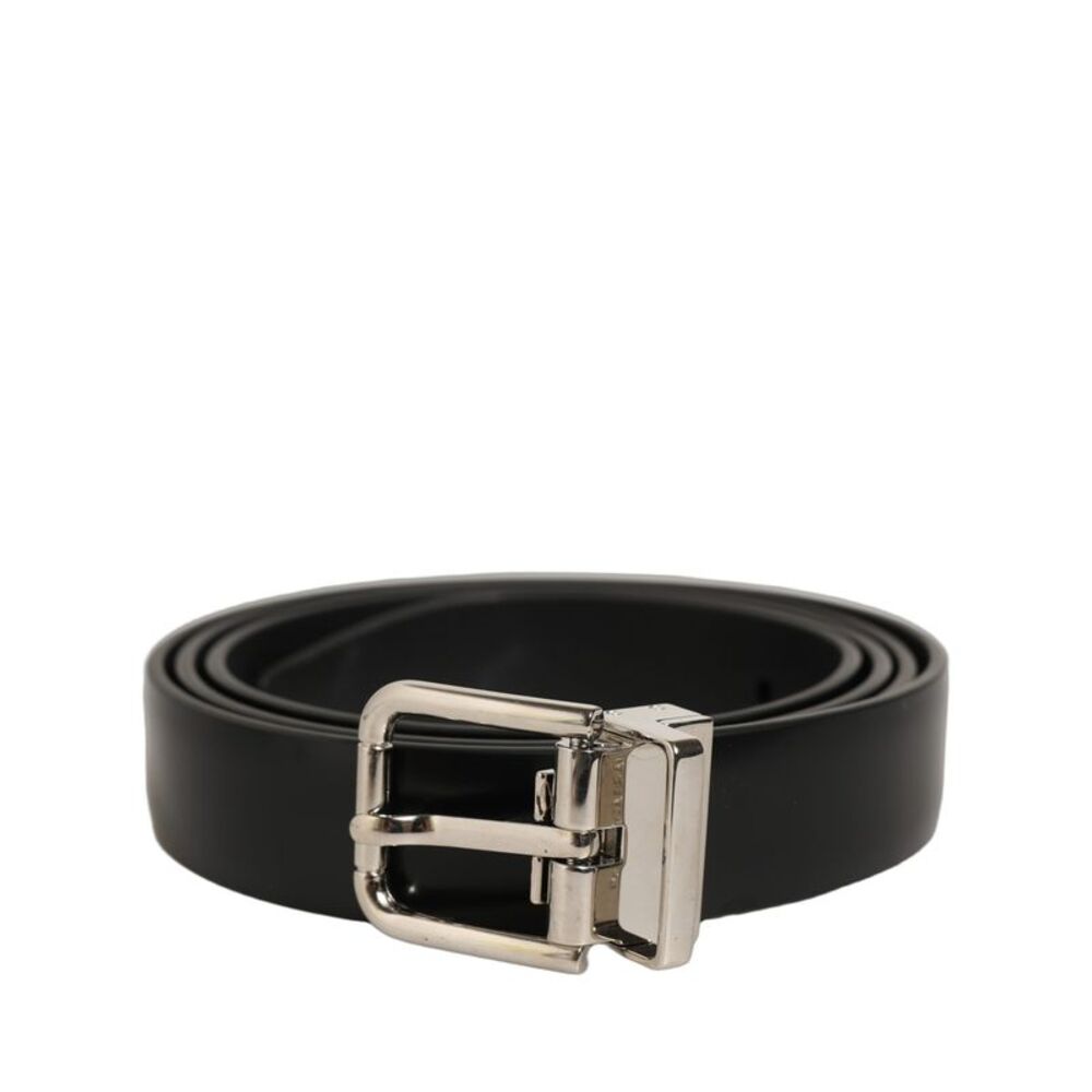 Dolce & Gabbana Black Leather Silver Tone Metal Buckle Men's Belt